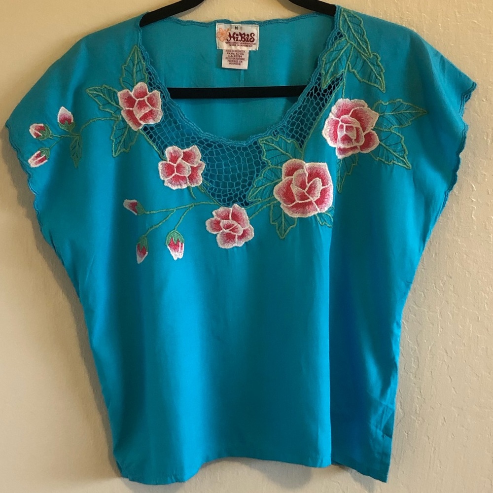 HiBis Vintage 80s Crop Top Teal Pink/White Floral Embroidery SZ M SummerStyle